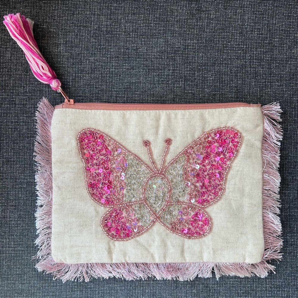 Pink Butterfly Embellished Pouch - cosmetic pouch Brand New